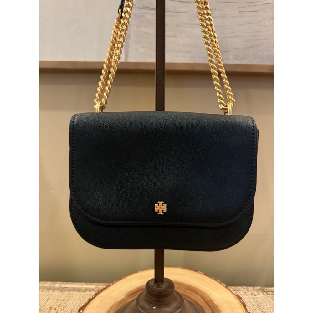 Tory Burch Emerson Flap Gold Chain Strap Adjustable Crossbody Bag Black 448$